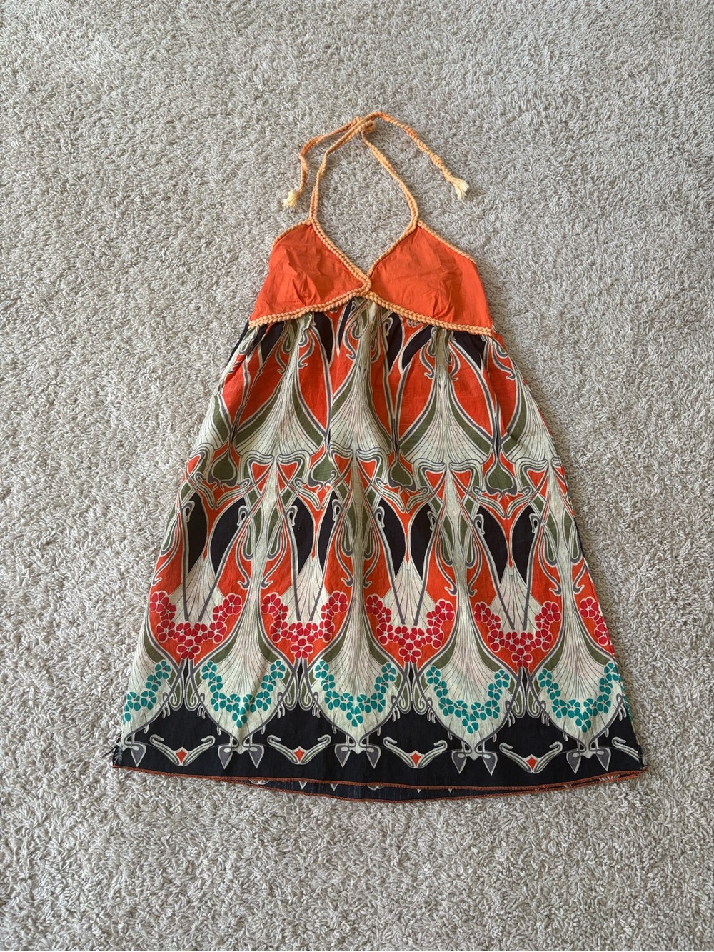 Orange Halter Summer Dress with Multicolor Pattern